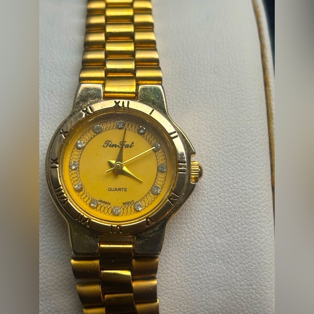 Tin Fat Japanese Movement Quartz Watch Gold Tone & CZ’ 7in Unisex Snap Band Runs